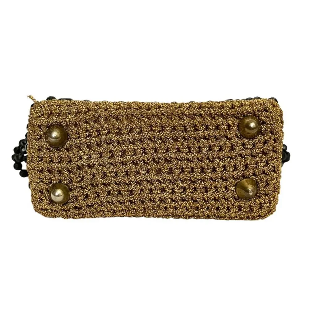Vintage Italian Gold Crochet Black Bead Glam Evening Bag - Made in Italy Handbag